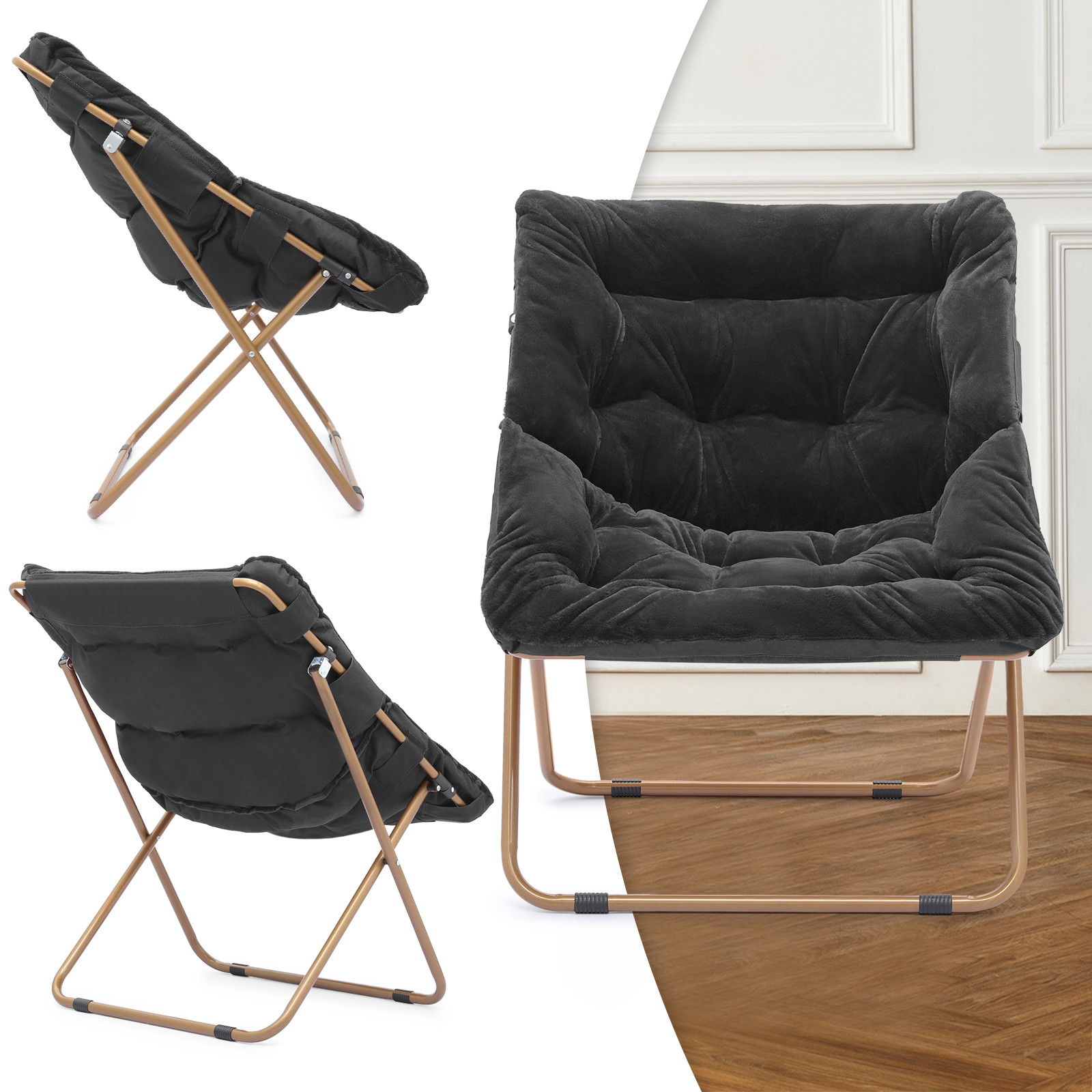 Black Foldable Faux Fur Saucer Cozy Chair Bedroom Oversized Moon Seat w/Ottoman
