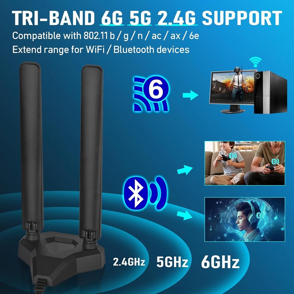 BOOBRIE Antenna WiFi 6E Tri-Band Ad Alto Guadagno Con Base Magnetica - 2.4/5/6 GHz, Cavo 1.5m RP-SMA Per Router E Gaming