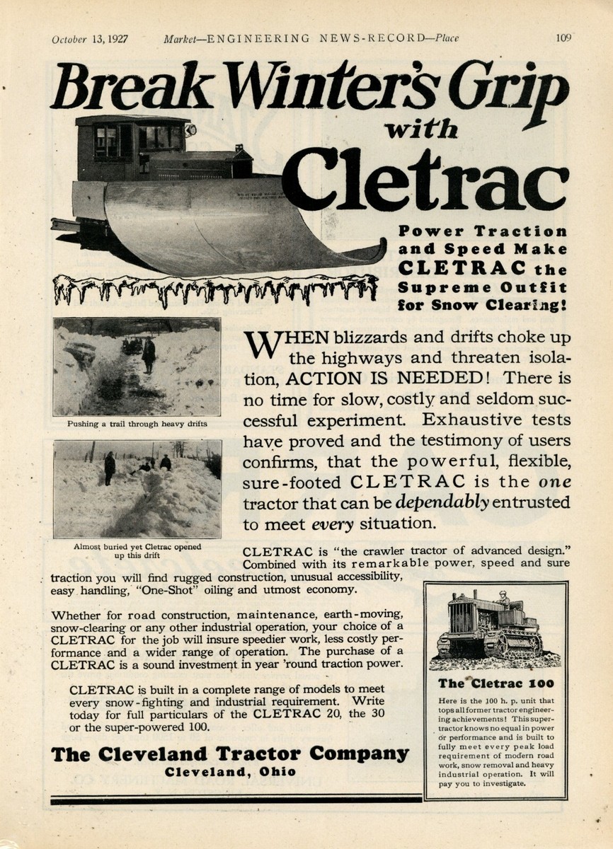 1927 CLETRAC Cleveland Tractor Ad: Cletrac 100 for Snow Removal 