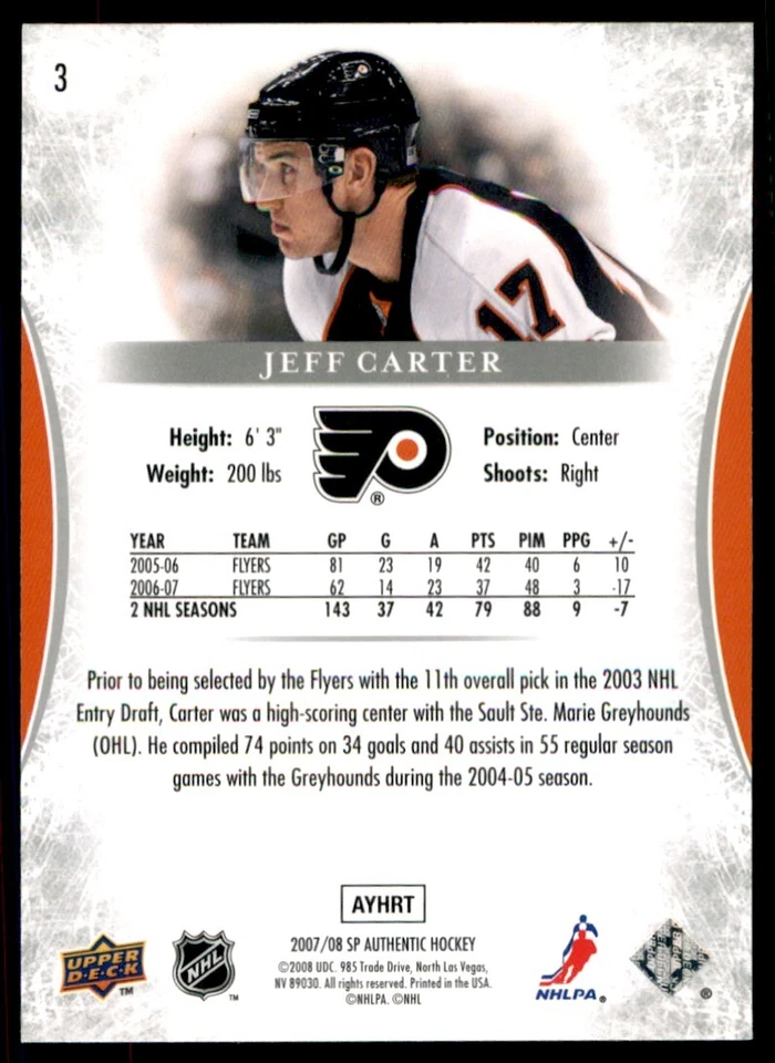 2007-08 SP Authentic Jeff Carter #3 - Image 2 of 2
