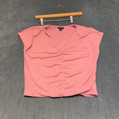 Express Blouse Top Womens Small Pink Cap Sleeve V-Neck Ruched Front Casual Wear