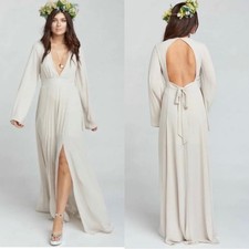 show me your mumu venus long sleeve flare maxi dress taupe chiffon xsmall