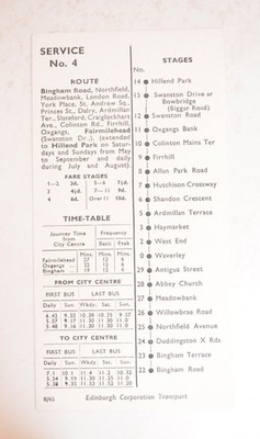 Bus Reisebus Fahrplankarte Edinburgh Corp. Transport Svc. No.4 Bingam Road 1962