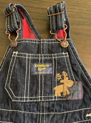 OshKosh B'gosh Denim Overalls with Moose And Red Buffalo Plaid, Size 12 Months