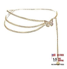 Women Long Tassel Waist Chain Belt Multilayer Body Belly Gold Butterfly-49inch