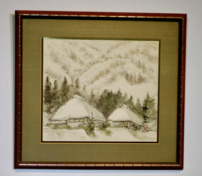 Watercolor-Framed Signed-Kazuo Akutsu-Rural Japanese Gassho-zukuri Style Village