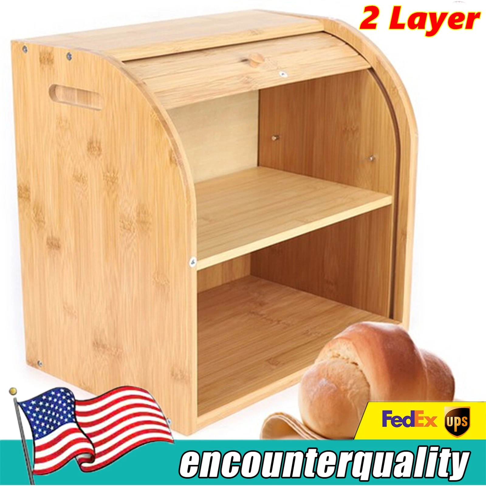 2-Layer Bread Box Bread Keeper Bamboo Wood With Lid Kitchen Storage Containers
