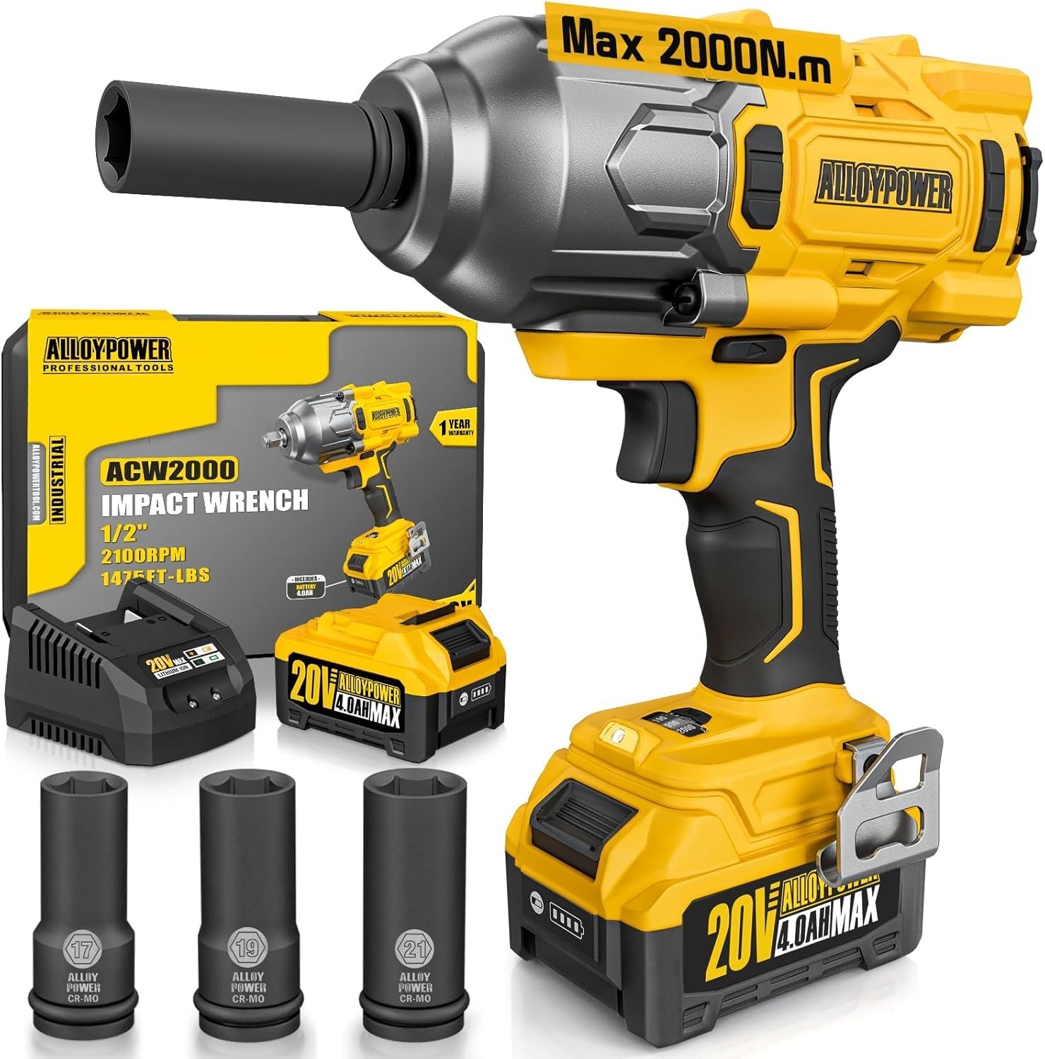 Cordless Brushless Impact Wrench, 1475 ft-lbs (2000N.m), 1/2 High Torque power i