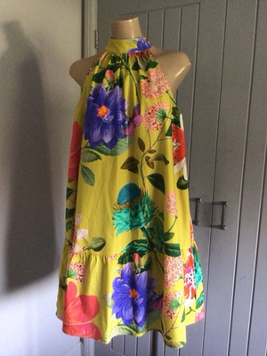 #ad #ad Kew Collection at NEXT Yellow Floral Cotton Dress Sz UK 14 Cut Away Shoulders GBP 16.50