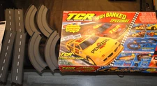1993 Tyco TCR High Banked Speedway Slot Car Set, Cars Work, 8 Extra Track, Read