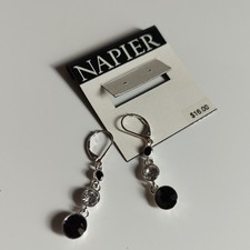 Boucles Napier Pendantes Y2K Argenté Cabochons Noir Cristal Neuf