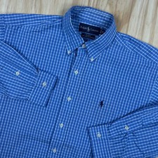 Vintage Ralph Lauren Blake Button Up Shirt Blue White Gingham Plaid M Hong Kong