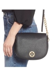 Tory Burch Everly Black Pebbled Leather Flap Saddle Bag Crossbody Gold Details