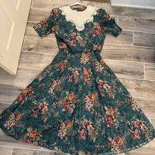 Vtg 90s Lisa II Green Fall Floral Bib Collar Drop Waist Dress Sz 14 Made In USA