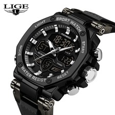 LIGE Mens Watch LED Digital 5ATM Waterproof Quartz Sports Wristwatch Black Gift
