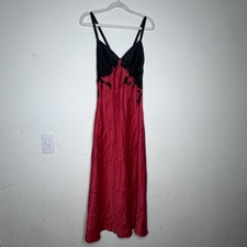 Vintage Natori Slip Dress Nightgown Maxi Womens M Satin Red Floral Embroidered