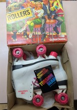 Vtg ROLLER DERBY Rollers Roller Skates White Neon Pink 4-Wheel 80s box Sz 8