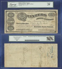 USA QUINTERO MINING COMPANY MINING CO NYE COUNTY NEVADA STOCK CERTIFICATE 1874