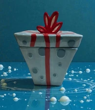 Sleigh Bell Bistro Ceramic Cookie Candy Jar Present Shape Aqua Red Bow Holiday