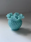 Vintage Fenton Blue Turquoise Hobnail Ruffled Top Vase Rose Bowl