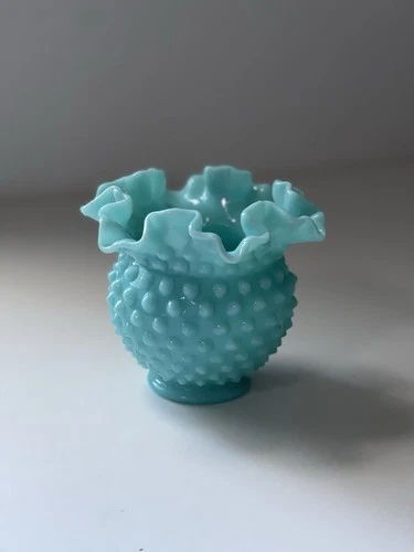 Vintage Fenton Blue Turquoise Hobnail Ruffled Top Vase Rose Bowl