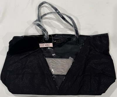 Victoria's Secret Women's Tote Bag Black Clear V Front Attached Tiger Zip Pouch