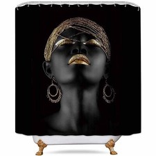 72x72" Black Afro Girl Shower Curtain Golden Lips 12 Hooks LHNT406-72