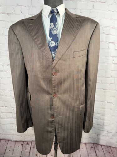 T-FUSION Mens Brown Classic Fit Pinstripe Pleated 2pc Suit 46L Jacket 40x33 Pant - Picture 2 of 12
