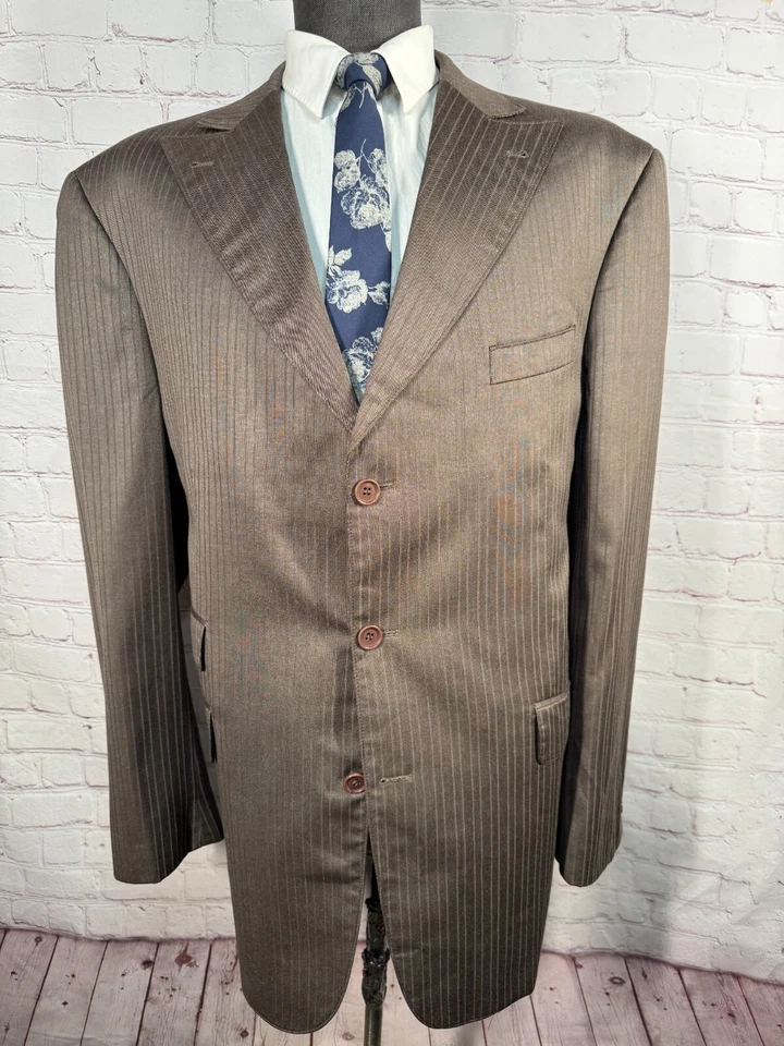 T-FUSION Mens Brown Classic Fit Pinstripe Pleated 2pc Suit 46L Jacket 40x33 Pant - Image 2 of 4