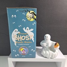 Vintage Ceramic Ghost Holding Pumpkin Holder Candle Halloween Decor 1998 New