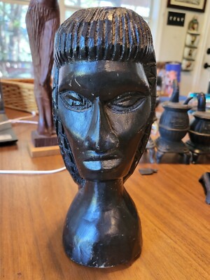 9'' VTG Hand Carved Brutalist Ethnic Man Statue Bust Figure Black Painted Wood