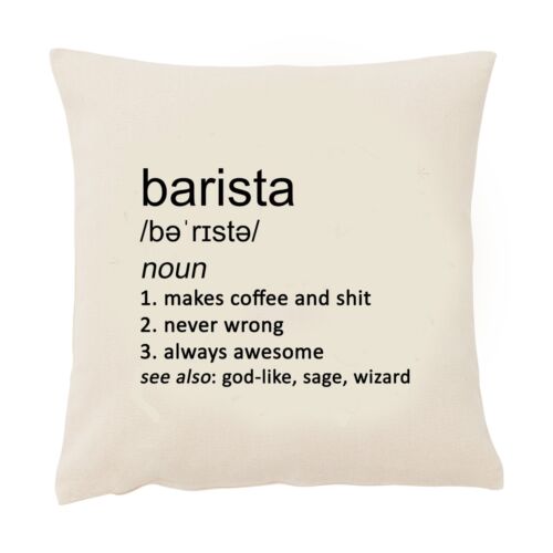 Barista Cushion Cover Funny 50cm Square Beige Coffee Shop Cafe Beans Job Gift - Picture 1 of 4