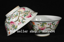 5.9'' Qianlong Marked Colour Enamel Porcelain Peach Tree Bat Bowl Bowls Pair