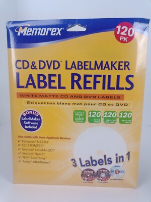 Memorex CD/DVD LabelMaker Label Refills White Matte Inkjet Laser 120 Pack Unopen