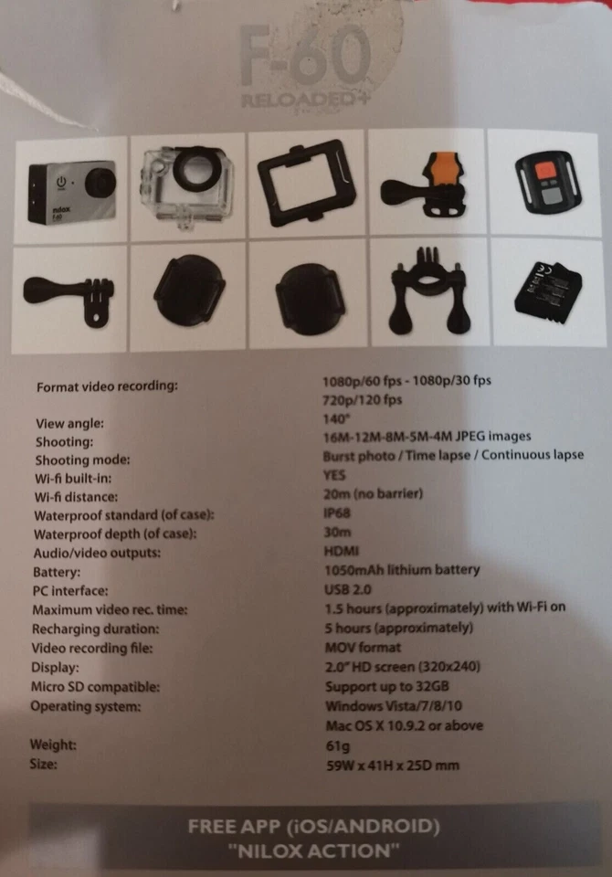 ACTION CAM NILOX F-60 RELOADED + Accessori - Immagine 2 di 4