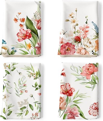 Watercolor Flower Tea Towels, 100% Cotton Kitchen Towel Set Pink 
