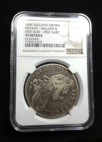 England 1696 Crown Octavo-William III. First Bust - First Harp. NGC Certified VF