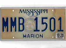 MISSISSIPPI passenger 2020 license plate "MMB 1501" ***MARION***