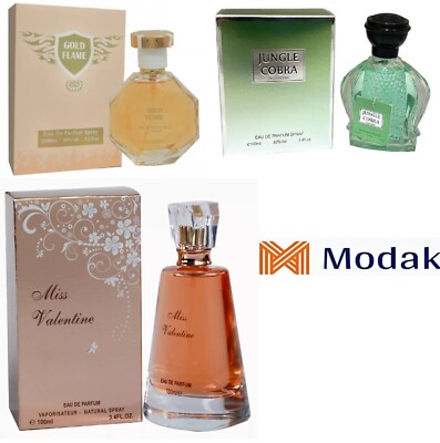 Modak Pack women Perfume Gold Flame, Jungle Cobra ,Miss Valentine EDP  100ml UK