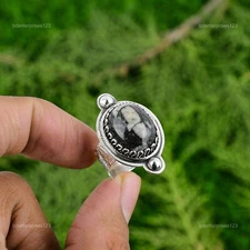 Gift For Her 925 Silver Natural Orthoceras Fossil Statement Adjustable Ring