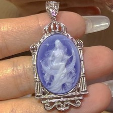 925 sterling silver blue Agate Cameo vintage jewelry Pendant estate jewelry