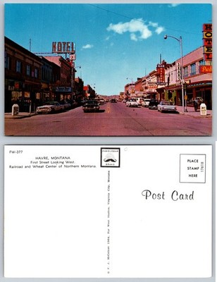 Havre, Montana 1964 Postcard First Street West Downtown Cars Hotel Sears Oxford