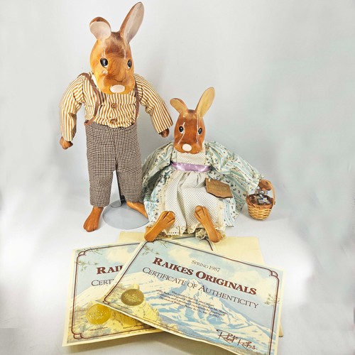 Raikes Originals Wood  Cloth Bunny Rabbit Dolls Rebecca n Calvin by Applause
