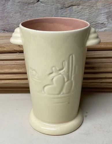 Vintage Red Wing Pottery Sombrero Man Cactus Cream Rose 7 1/2" Tall Vase