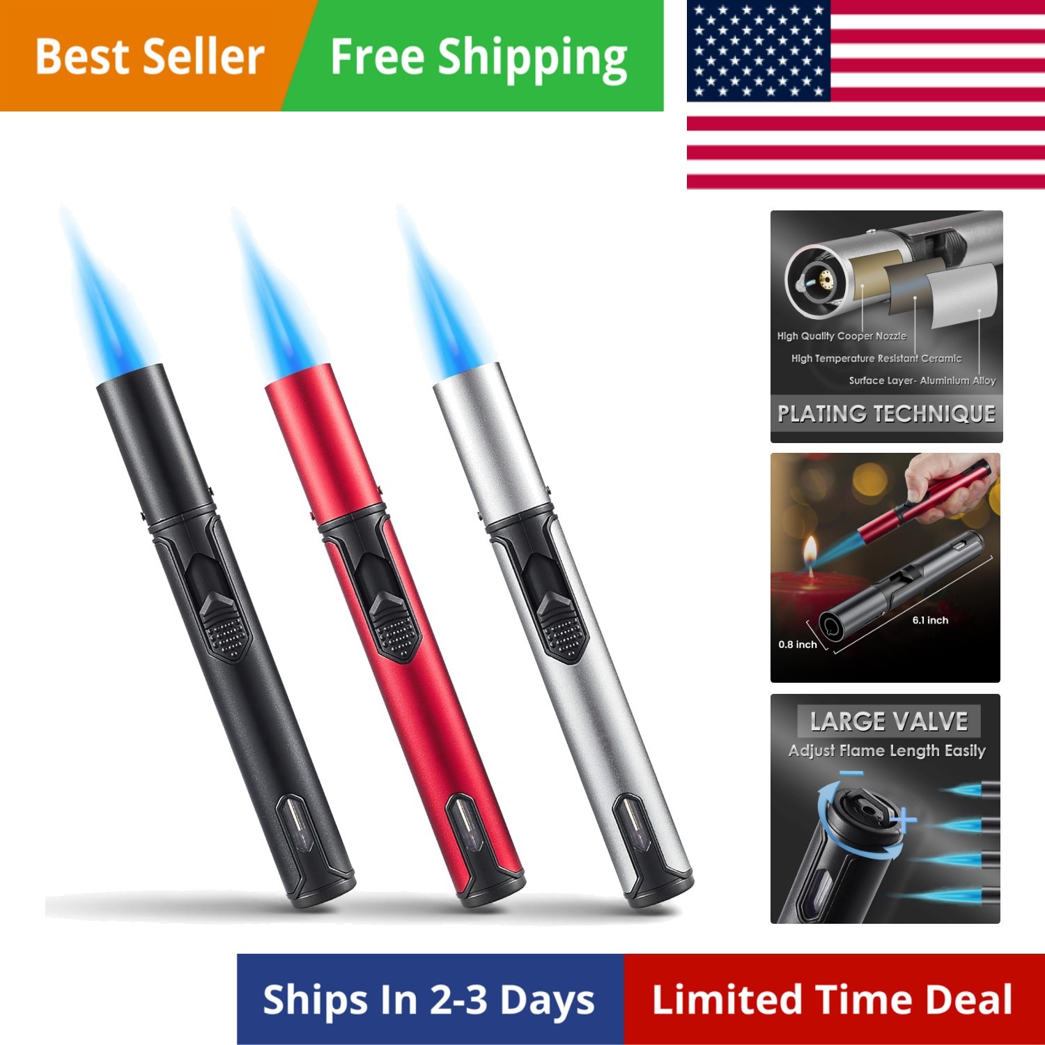S, 6-inch Refillable Pen Lighter Adjustable Jet Fl...