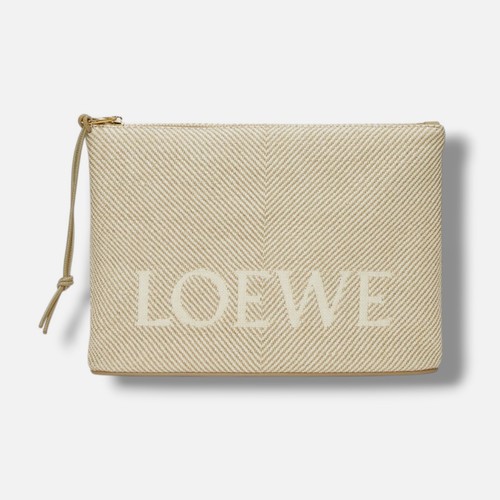 Loewe Women Beige Jacquard Logo Oblong Pouch Wristlet Clutch Hand Bag