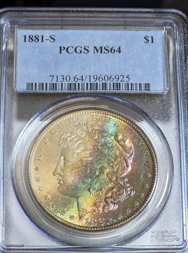 1881 S Morgan Silver Dollar PCGS MS64 Crescent Rainbow Toned Coin US $1 UNC BU