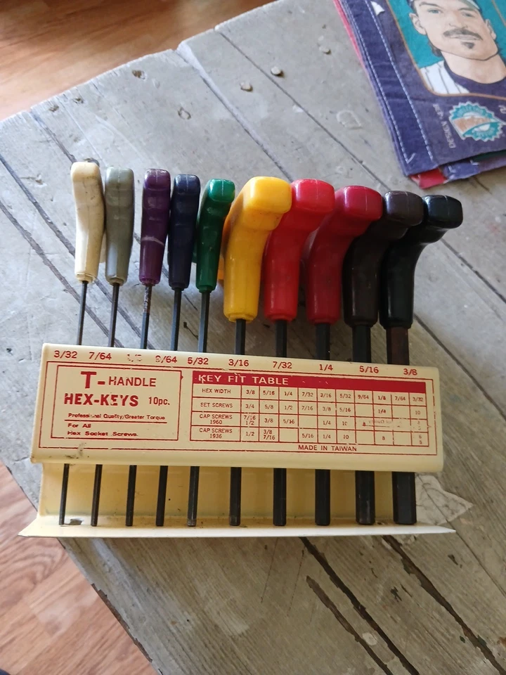 10pc SAE 3/32” to 3/8” Colored T-Handle Hex Allen Wrench Key Set w/ Metal Holder - Image 2 of 3