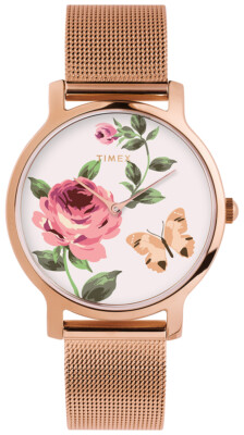 Damenuhr TIMEX FULL BLOOM TW2U19000 Edelstahl Mesh Gold Rose Weisse Sub 30mt
