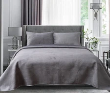 NEW KASENTEX KING PLUSH POLY-VELVET QUILT SET MICROFIBER PEWTER GRAY w/2 SHAMS